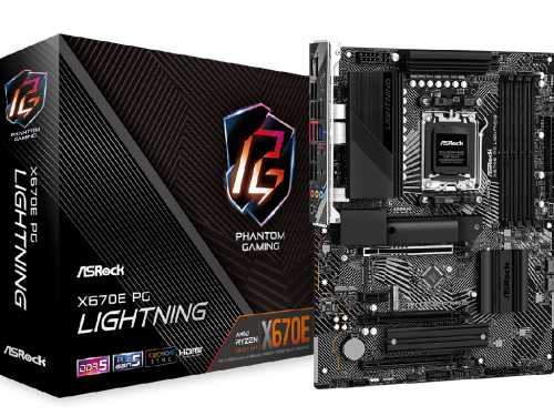ASRock X670E PG LIGHTNING, Socket AM5, AMD X670 (7/8/9 Gen CPU) HDMI, DisplayPort 1.4, Dual 4xDDR5-7200, 1xPCIe x16 5.0, 2xPCIe x16 4.0, 1xPCIe x1 4.0, 1x M.2 (Key E), 4 xSATA3, RAID, 1x Ultra M.2, 1x Hyper M.2, 1x Blazing M.2, 1x M.2, 1x BIOS Flashback, 1x RJ-45 LAN, 4x USB 2.0, 6x USB 3.2 Gen1, 1x USB 3.2 Gen2 Type-A, 1x USB 3.2 Gen2x2 Type-C, ASRock Polychrome SYNC, ATX